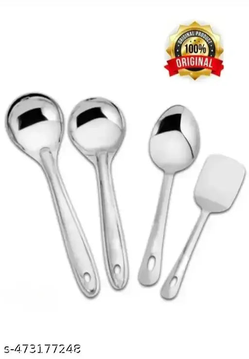 Stainless Steel Kitchen Tools Set for Kitchen Cooking and Serving, Pack of 4, Serving Spoon, Turner/Spatula (Palta), Basting and Rice Spoon, Silver