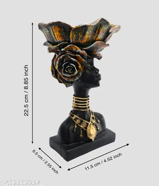 Decor Bazar™ Handcrafted African Lady Statue with Floral Basket on Head | Decorative Organizer Showpiece for Tabletop, Living Room, Office, Home Decor & Gifting