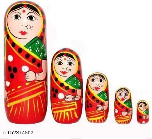 India Kids Handmade Hand Painted Cute Wooden Indian Women Nesting Dolls - Set of 5 Gifts