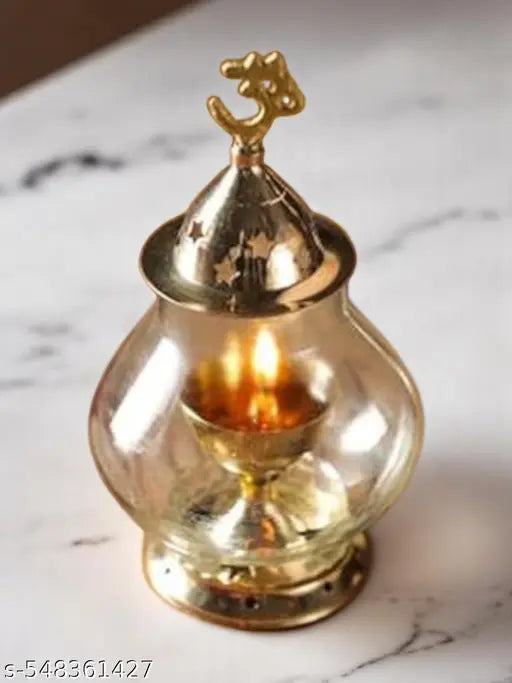 SriMaa Ventures Elegant Om Akhand Brass Diya with Transparent Glass Cover | Long-Burning Oil Lamp for Prayer Room, Festival Celebrations, Devotional Use, Navratri Festivals