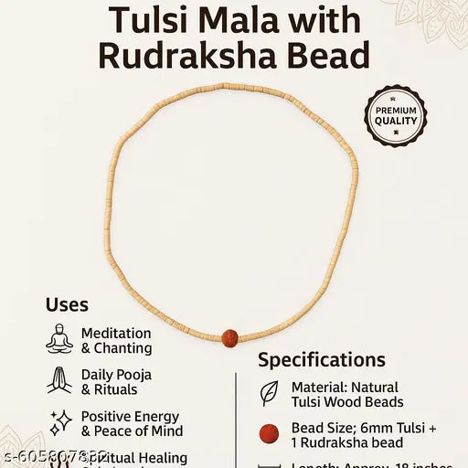Tulsi Mala Combo Pack Of - 2 | Original Tulsi  Kanthi Mala with Rudraksha | Handmade Holy Wood Beads Chain for Men, Women & Kids | Brown Spiritual Tulasi Mala for Neck Wearing | Unisex Religious Beads Necklace for Puja, Meditation & Daily Wear
