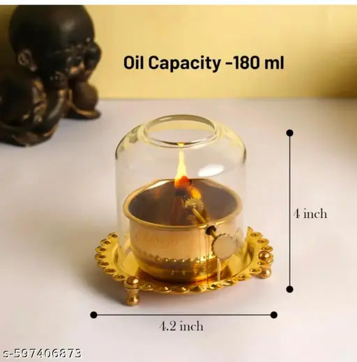 Premium Brass Oil Diya with Glass Cover | Antique Golden Pooja Lamp with Wick Adjuster | Decorative Akhand Jyot Diya for Mandir, Temple & Home Decoration