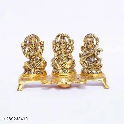 Laxmi Ganesh Saraswati With Diya Idol Set Decorative Showpiece - 14 cm  (Metal, Gold)