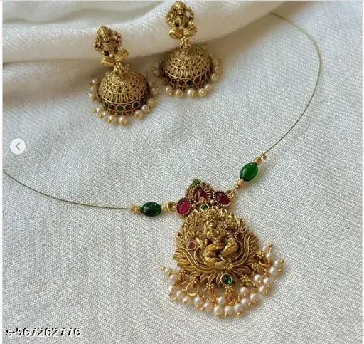 Invisible Wire Necklace Set with Lakshmi Pendant & Jhumka Earrings | Trending Viral Chain Set for Women | Lightweight South Indian Temple Jewellery | Ethnic, Festive, Wedding Look