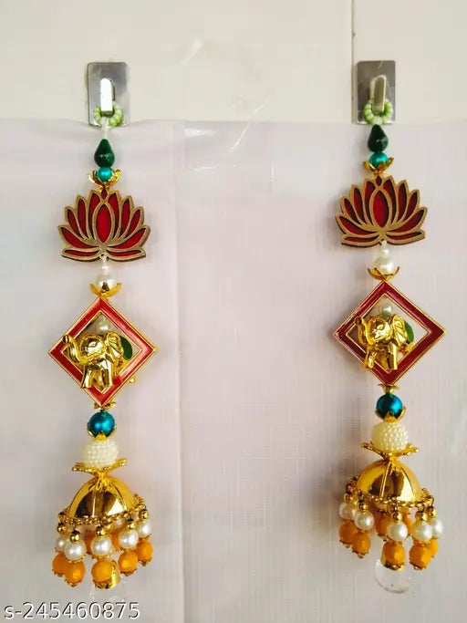 Red Color Lotus Crystal Diamond Wirh Elephant Golden Caps,Door Hanging Latkan Toran for Main Door Multi Colour Beads Size (Size:10.5-Inch) Length (1 Pair) (2Pes)