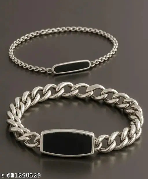 Stylish Stainless Steel Couple Bracelets - Black Engraved ID Plate Design for Men & Women, Trendy Adjustable Link Chain Set