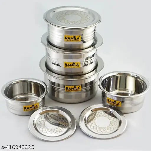 Stainless Steel Patila Bhagona Tope Set With Lid ( Silver Touch Design And Laser Design Lid )- Capacity 2000ml,1500ml,1000ml,750ml,500ml)