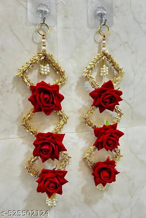 Artistic Dreams Pack Of 2pcs Red Color 13*4 Inches Artificial Floral Red Rose Wall Hanging For Diwali Decoration,Home Decor, Gifts Items,Diya for Home Office Pooja,Durga Pooja,Temple Decoration