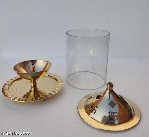 Golden Akhand deep Diya WIth Cover high quality Brass, Glass Table Diya