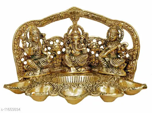 Laxmi Ganesh Sarawati With 5 Diya Set For Home,Temple,Office And Gifting Purpose Luck, Happiness and Prosperity Metal Size L-B-H-20x13x12.5 cm