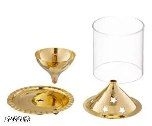 DARIDRA BHANJAN Akhand Diya Decorative Brass & Glass Oil Lamp Tea Light Holder Lantern , Cylinder Shaped Diya Lantern (Gold and White)