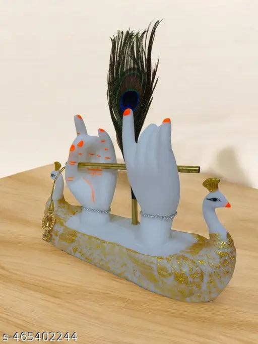 Krishna Hand with Flute & Peacock Feather Idol for Home Decor Gift Krishna Statue Made of Resin For Office and Home Showcase Home Living Room Diwali Decoration| Pankh Krishna Showpiece with Flute Standing Krishna Statue Lord Krishna Figurine, Murlidhar, K