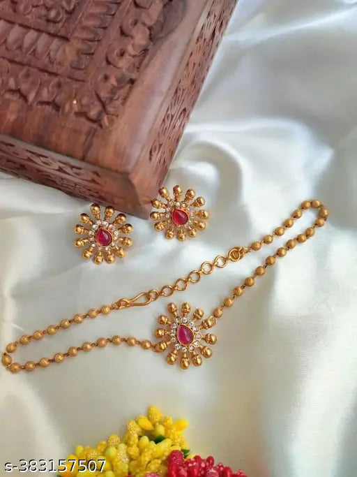 Matte Gold   South Indian Temple  Chain Pendant Necklace Set