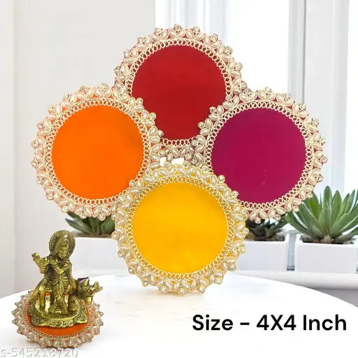 Hemdev Pearl Work 4*4 Inch Altar cloth for puja Mandir accessories Puja room essentials Aasan for God statue Spiritual sitting cloth Indian temple aasan Sacred space aasan Puja mat for idols Temple floor covering