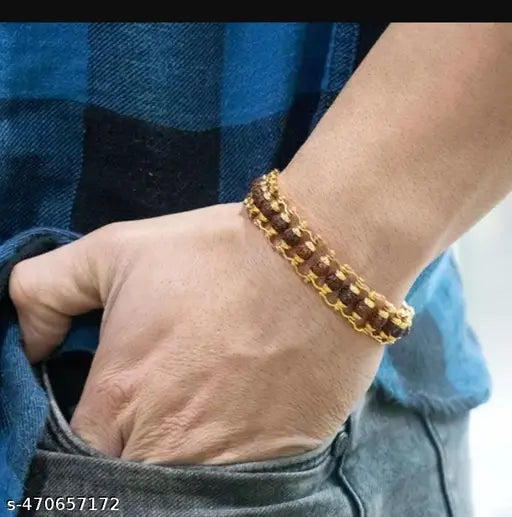 Woofh Gold Plated Metal Natural 5 Mukhi Rudraksha Designer Stylish Bracelet 6-7mm Original channel design for Men Women Buys Girls Unisex Spiritual Jewelry for Positive Energy and Healing