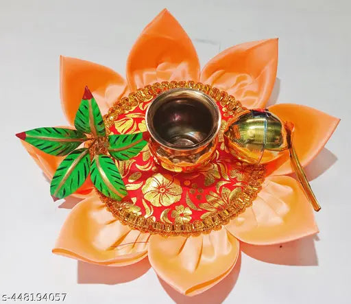 Copper kalash,brass mango leaf and coconut and silk asan