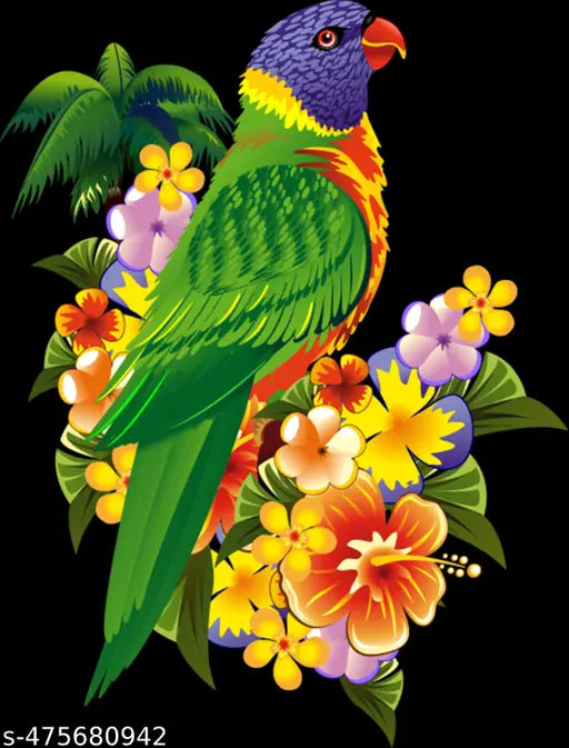 Vastu Green Parrot Self Adhesive Paper Wall Sticker Poster - (Multicolour), Beautiful Flower & Parrot Rangoli New Modern Art & Trendy Wall Stickers for Living Room, Bedroom and Home Decoration, Size- Large 32X48 cm
