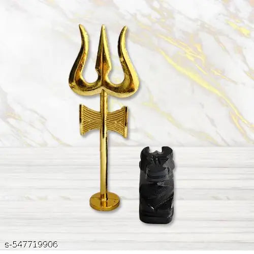 A&S VENTURES Marble Black Nandi with Metal Damru Trishul Idol for Home Temple | Brass Finish Shiv Murti Set for Puja and Décor