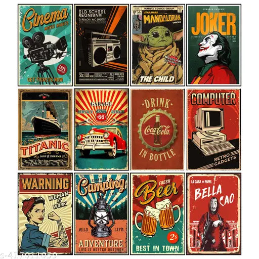 KARTMAPLE Vintage Poster | Vintage Wall Collage Kit Posters - (4x6 Inches A6 Size) Wall Decor Poster - Wall Art For Bedroom, Living room, Office, Pack of 12 Posters