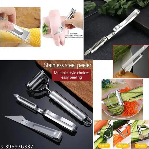 Set of 3 Pcs Multifunctional Kitchen Stainless Steel Peeler, Knife and Clips Rotary Peeler Cutter Slicer Combined Vegetable Peelers for Carrot Potato Melon Gadget Vegetable Fruit