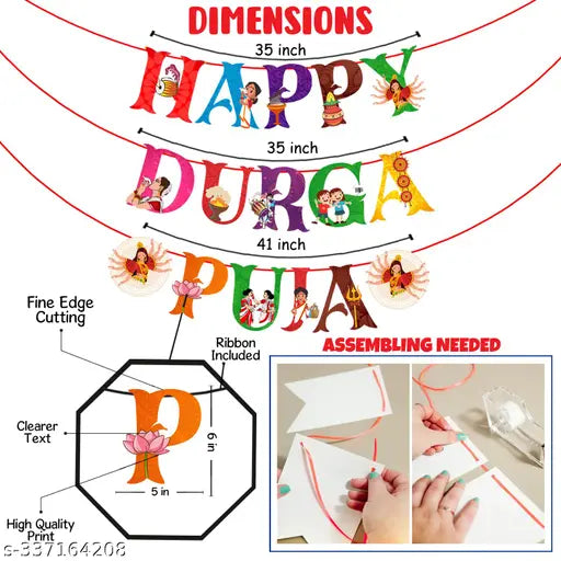 Zyozi Durga Puja Banner, Durga Puja Bengali Banner, Happy Durga Puja Multicolor Banner, Decorative Items for Durga Puja (Pack Of 1 Set)