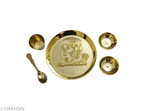SKSM Brass Laddu Gopal HEAVY Bhog Thali Set with 2 Katori, 1 Glass, 1 Spoon for Temple Home Decor | KANHA JI KE BARTAN SET ONE PUDDING TWO BOWLS ONE SPOON ONE PLATE | JANMASHTAMI SPECIAL MATHURA VRINDAVAN BAL GOPAL BHOG SET | POOJA ARTICLES PUJA ACCESSORI