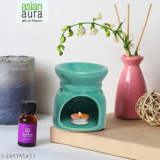 Candle Diffuser for Home Fragrance, Aroma Oil Burner with 1 T-Light & 1-10 ml Aroma Oil -Fragrance Fresh Lime (Green Diffuser Pot)