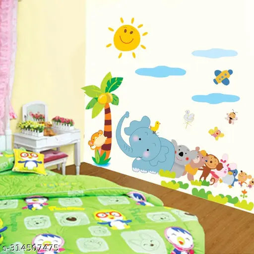 'Jungle Cartoon Cute Animals' Wall Sticker (PVC Vinyl, 60 cm x 90 cm, Multicolour)  wall sticker , wall sticker for kids,wallpaper sticker for kids