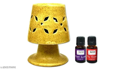 Handcrafted Ceramic Electric Aroma Diffuser Oil Burner| Aroma Oil Diffuser for Home with Aroma Oils, Lamp Shape-Brown Color (English Lavender & Rosy Romance Fragrance 10ml Each)