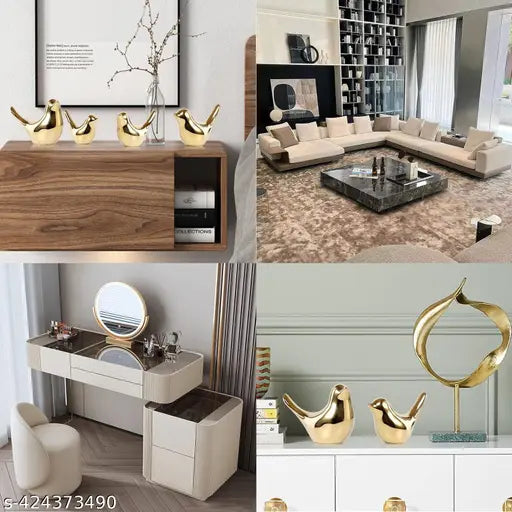 Mystical Midnight: Ceramic Sparrow Fantasy Sculpture For Home Decore(Set Of Two) (Golden), 38 Centimeters