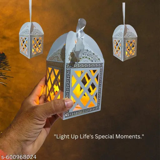 Paper Hanging Lantern with LED Diya Lights | Pack of 10 Decorative Lanterns with T-Light Votives | Diwali, Christmas, Wedding & Party Decoration