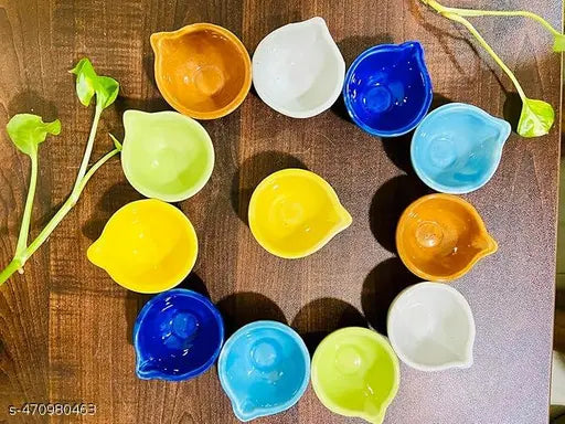 Ceramic Diya/Deepak Oil Lamp for Home Temple Puja Articles Decor Gifts Set of 12(Multicolour)