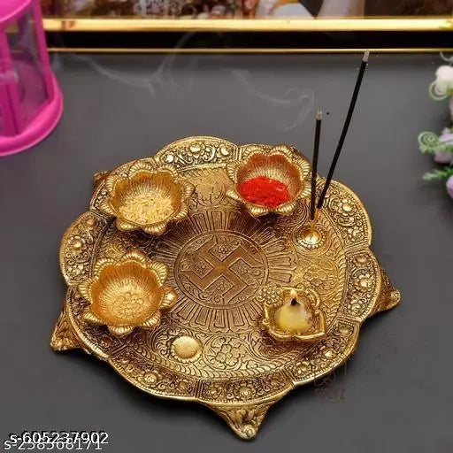 Puja thali big with 4 diya metal for puja and worship and Temple decoration Showpiece item, Home decoration, Room decoration, Temple decoration, Office decoration Gift item