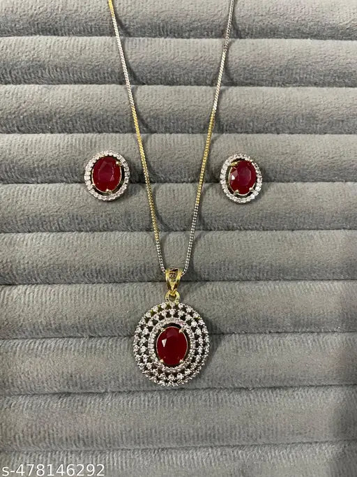 Shanvika Gold-Plated American Diamond Pendant Set with Earrings and Dual-Tone Silver-Gold plated chain for Women and Girls
