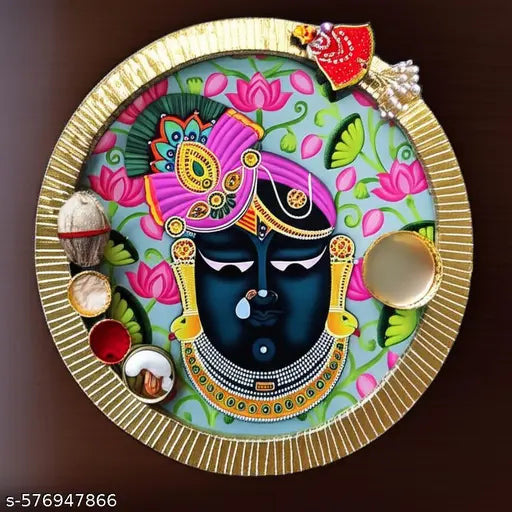 Trendy Shrinath Ji MDF Puja Thali Combo with Roli Chawal Dry Fruits Nariyal & Free Khatu Shyam Ji Brooch | Designer Pooja Plate for Janmashtami Raksha Bandhan Festival | Decorative Puja Thali Under 349