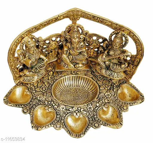 Laxmi Ganesh Sarawati With 5 Diya Set For Home,Temple,Office And Gifting Purpose Luck, Happiness and Prosperity Metal Size L-B-H-20x13x12.5 cm
