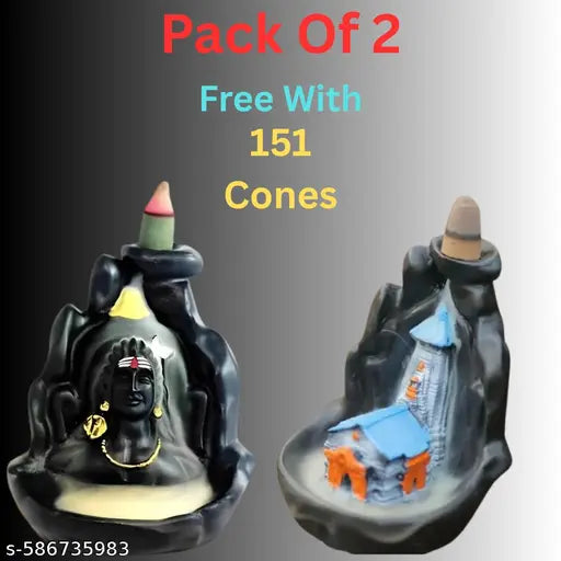 Combo Pack of 2 Handcrafted Idols Adiyogi and Kedarnath Backflow Temple Idol ree with 151 Incense Cones |Multicolor