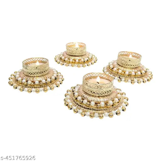 Golden  and White Pearl Tealight Candle Holder Set (Set of 4) | Elegant Handmade Décor | Handcrafted Tealight Décor | Festival Décor