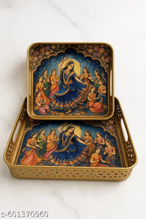 "Traditional Radha Krishna Artwork Decorative Serving Tray Set – Premium Wooden Finish with  Elegant Design"