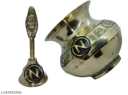 Combo of Round Head Pooja Puja Bell Ghanti with Kalash Lota Brass Kalash (Gold)