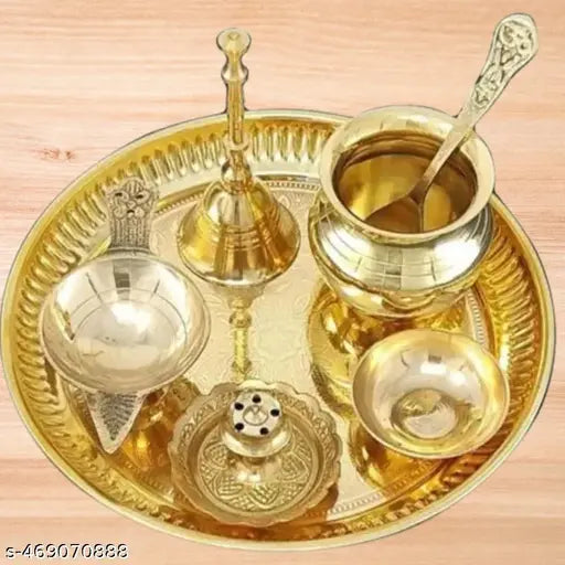 HARIDWAR TRENDS Pure Brass Pooja Thali Set 7 Pieces with Pital Puja Plate Kalash Bowl, Spoon ,Ghanti, Diya, Chandan Wati Dhup Dan Arti Thali for Diwali Home Office Mandir Wedding Return Gift Items