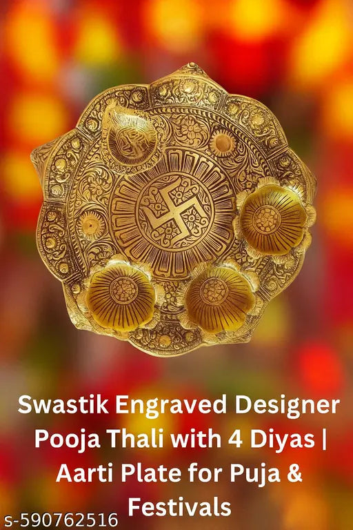 Pooja Thali with 4 Diyas Swastik Engraved Designer | Aarti Plate for Puja & Festivals