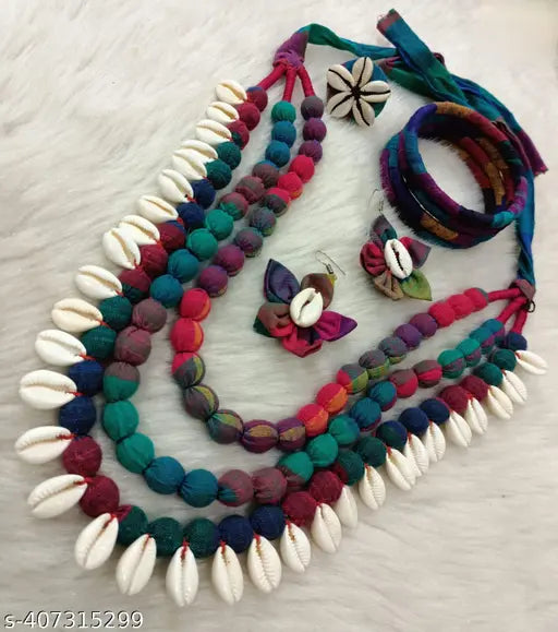 3 Layer Fabric Cowrie Necklace With Finger Ring, Earrings & 4 pieces Bangle Set
