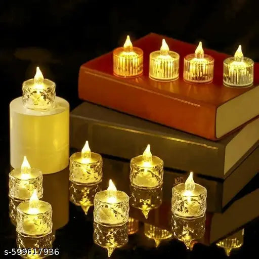 6 Pcs LED Tea Light Candles | Flameless & Smokeless Diya | Decorative Acrylic Candle | Home Decor, Navratri Decor Items, Diwali Decoration Item, Room, Table, Pooja Room Decor (Yellow)