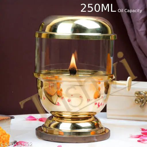 Tishvi Brass Akhand Diya with Glass Cover, 250ml Capacity, Adjustable Wick Mechanism, 48 Hours Burning Time