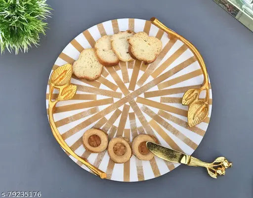 DULI Inlay Work Round Multipurpose Platter/Tray in MDF with Metal Golden Handles| Serving Tray for Home & Dining Table | Multipurpose Tray | Table Top Tray for Fruits (BrownWhiteLines)