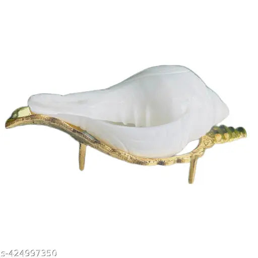 Bhabani Antique Shop Small Jal Shankh (Water Conch) With Brass Shankha Stand for Pooja & Home Décor – Natural Conch Shell for Spiritual/Ritual Use ( Small Size 7 CM , Pack Of 1 )