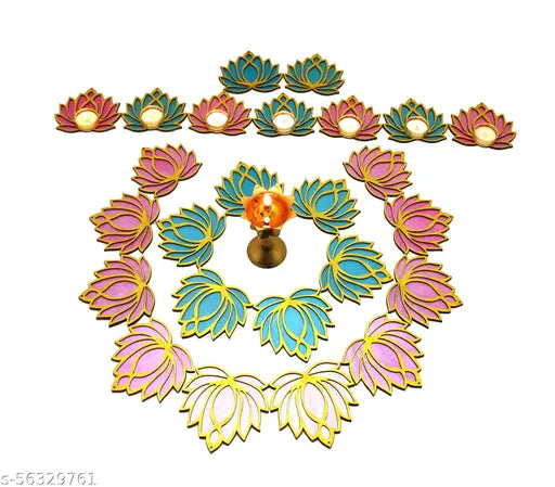 Set of 12 Golden Lotus Wooden Cutout | Rose Pink (6) Ocean Blue (6) | Lotus DIY Rangoli Kit | Decoration for Diwali, Dashera | For Rangoli, Pooja, Decorations, Festival Gift, Wedding Decorations