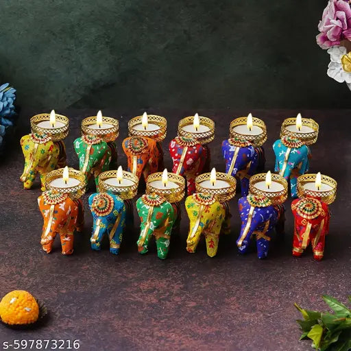 Set of 10 Multicolor Rajasthani Elephant Tealight Candle Holders | Decorative Diya Stand for Home Décor, Festivals, Weddings & Gifting