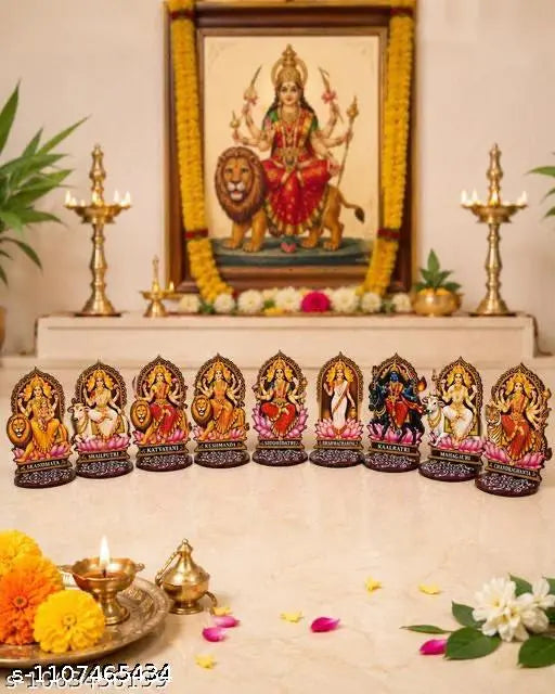 Navdurga Wooden Standee Set of 9 | 9 Forms of Maa Durga | 4 Inch MDF Table Top Idols | Navratri Pooja Room & Home Decor